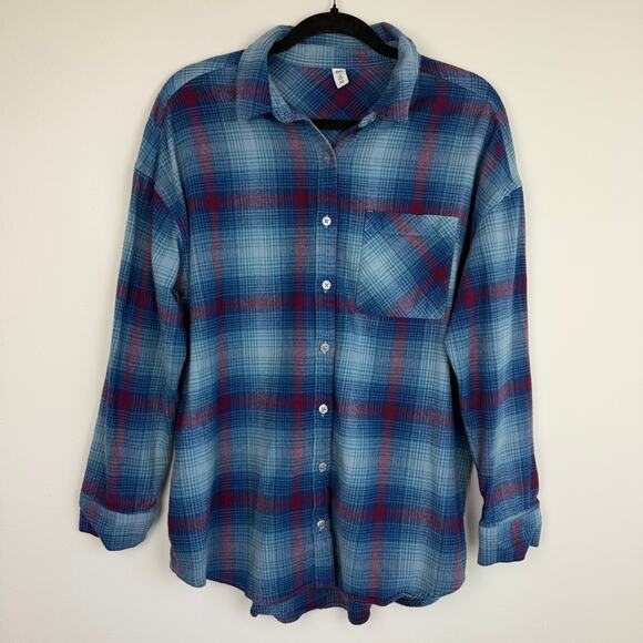 BP. Womens Long Sleeve Button-Up Blue/Red Flannel Cotton Rayon Shirt Medium - Picture 1 of 8